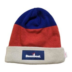 Steamboat Ski Beanie Hat Blue Red Gray Retro Fleece Lined Adult OS Snowboard